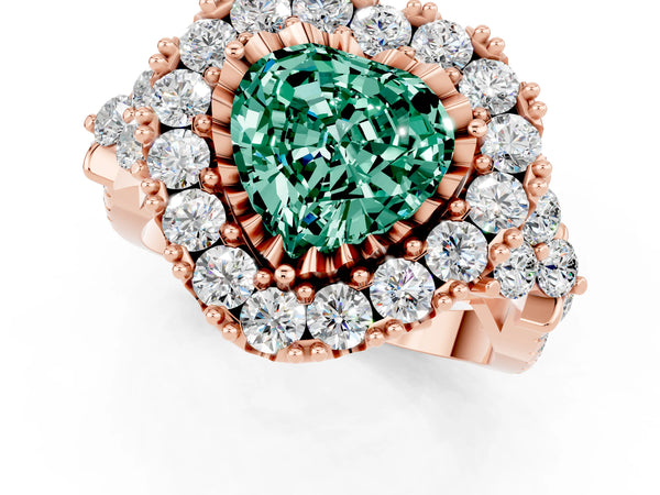Rose gold Heart Cut Green Sapphire Halo Ring with Pavé Band and Four-Prong Setting