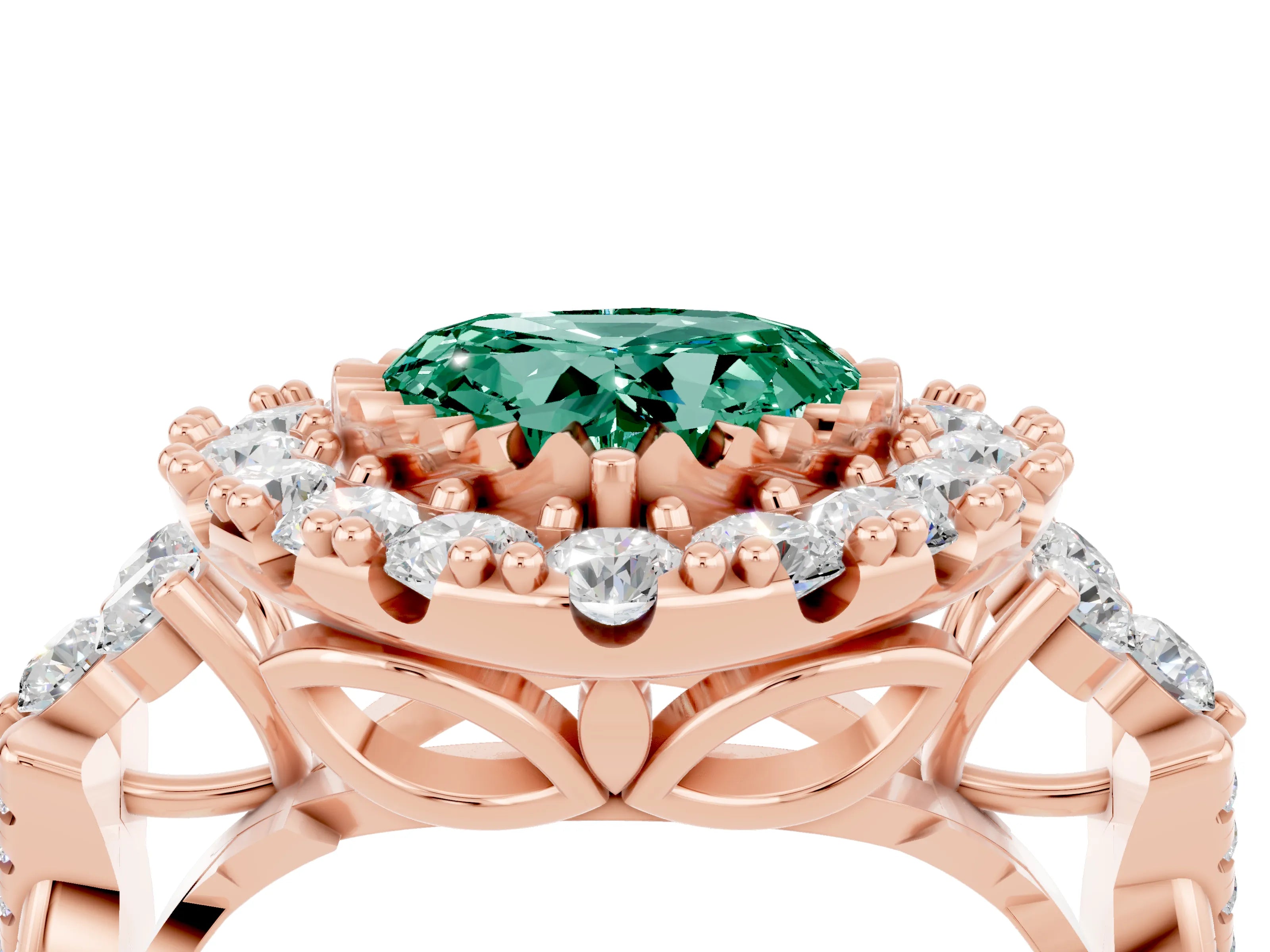Rose gold Heart Cut Green Sapphire Halo Ring with Pavé Band and Four-Prong Setting_16