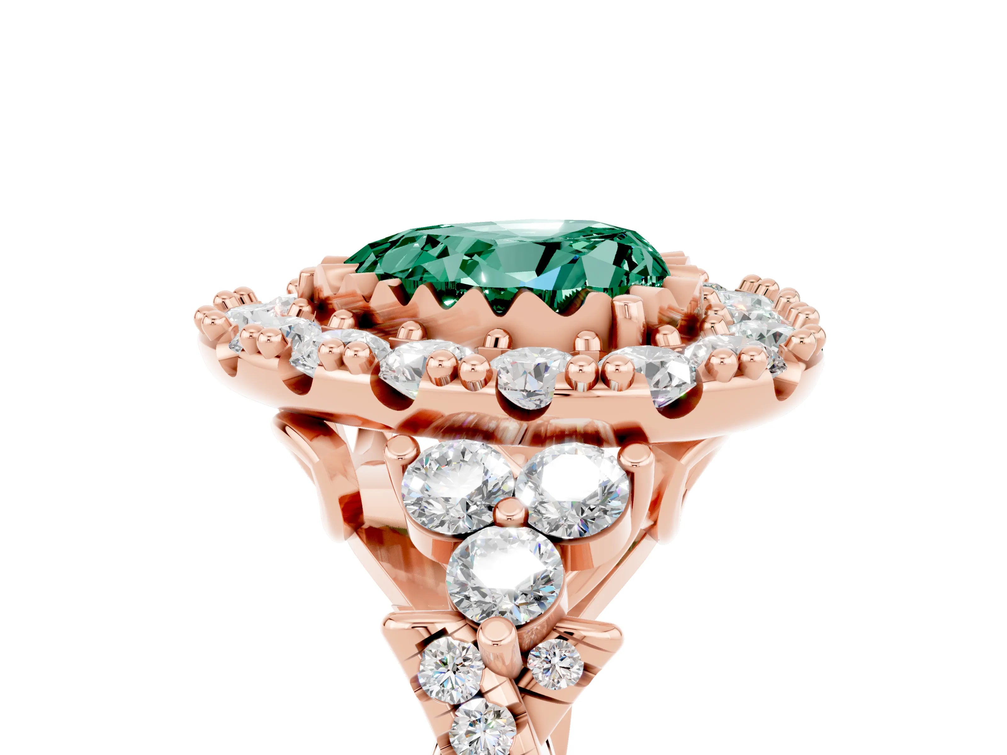 Rose gold Heart Cut Green Sapphire Halo Ring with Pavé Band and Four-Prong Setting_17