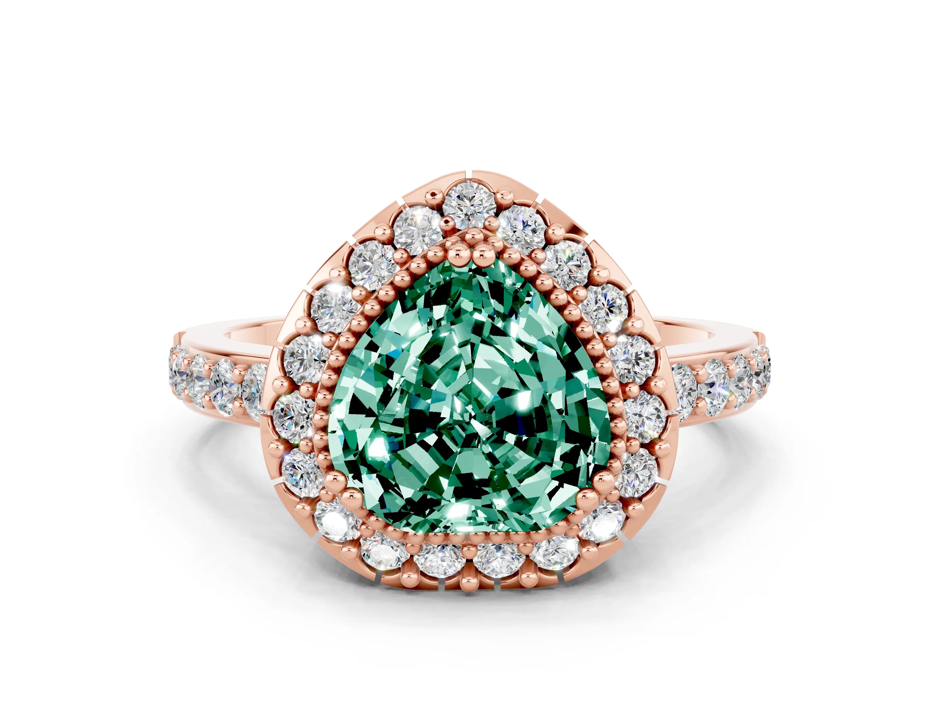 Rose gold Heart Cut Green Sapphire Halo Ring with Pavé Band and Prong Setting