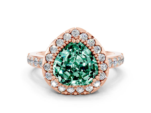Rose gold Heart Cut Green Sapphire Halo Ring with Pavé Band and Prong Setting