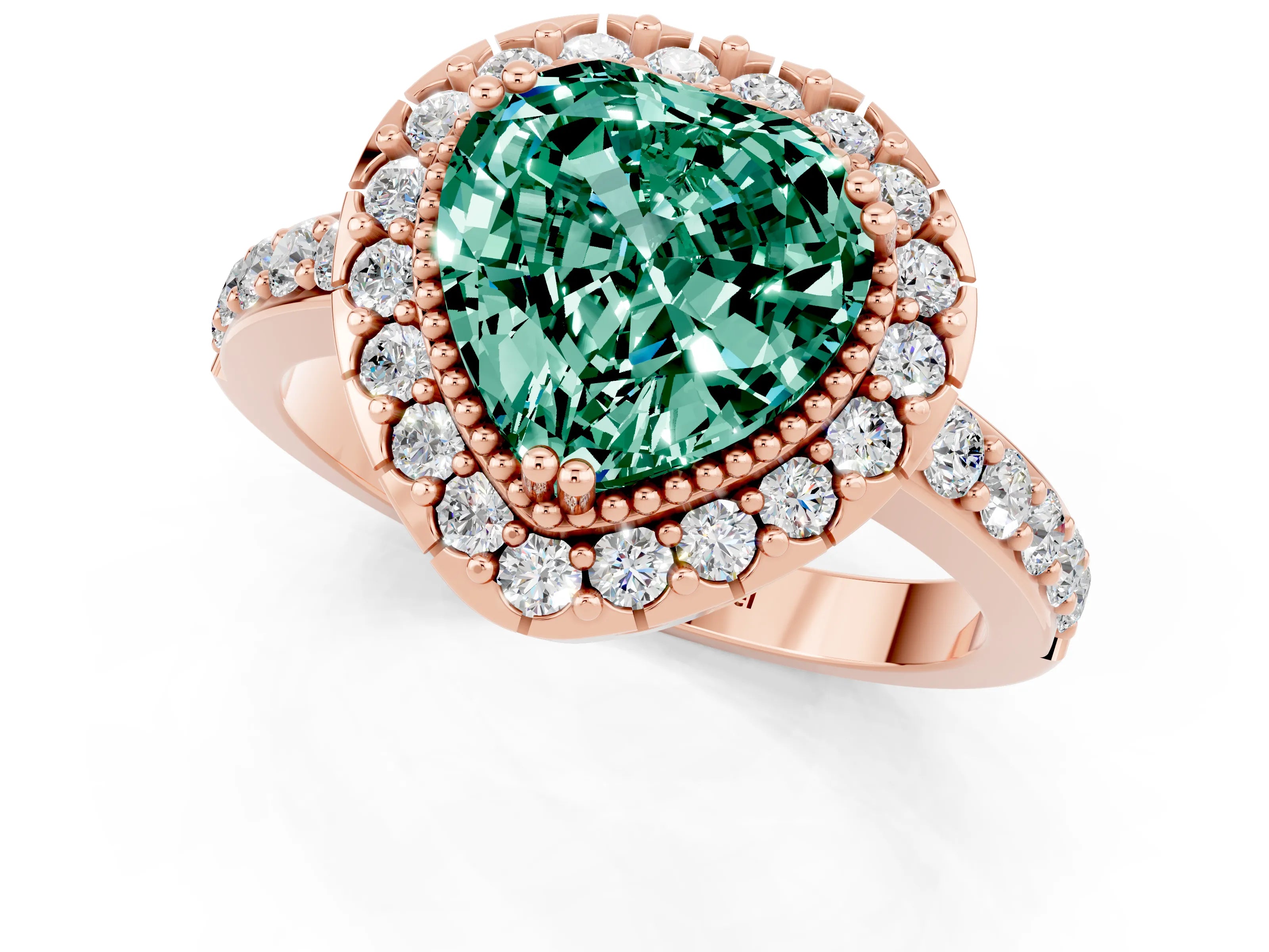Rose gold Heart Cut Green Sapphire Halo Ring with Pavé Band and Prong Setting_1