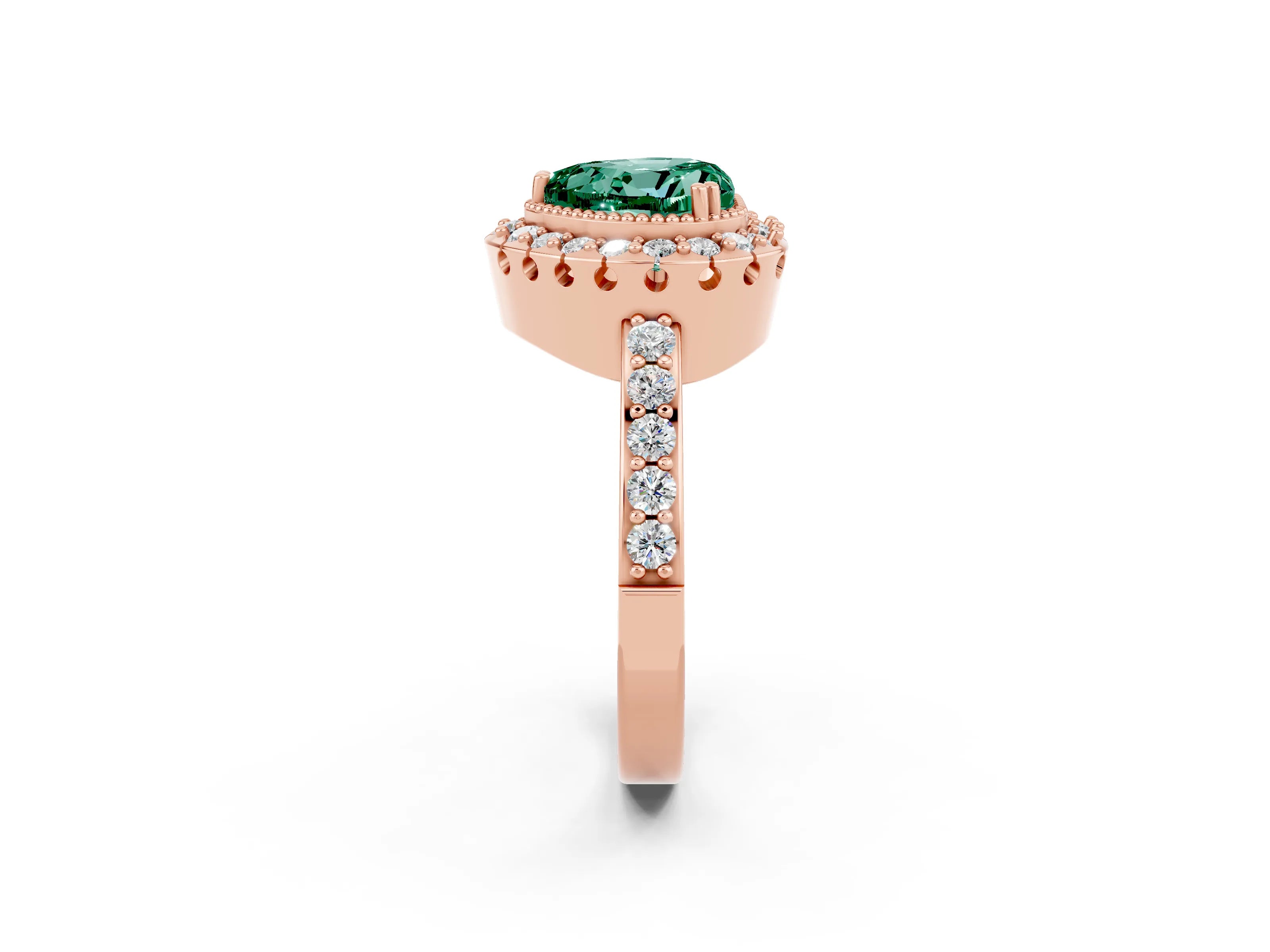 Rose gold Heart Cut Green Sapphire Halo Ring with Pavé Band and Prong Setting_2