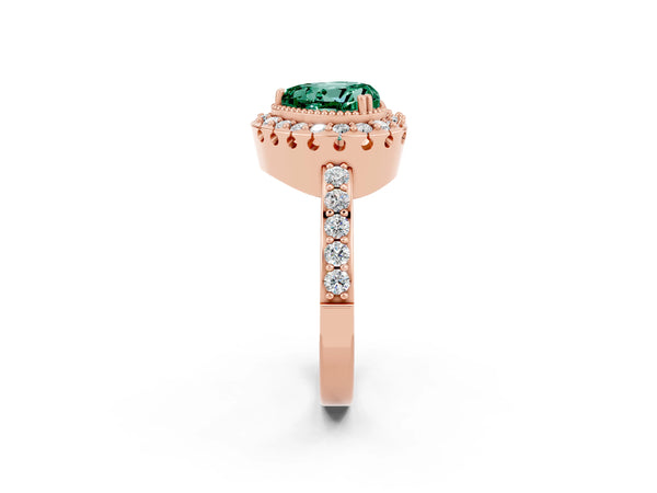 Rose gold Heart Cut Green Sapphire Halo Ring with Pavé Band and Prong Setting