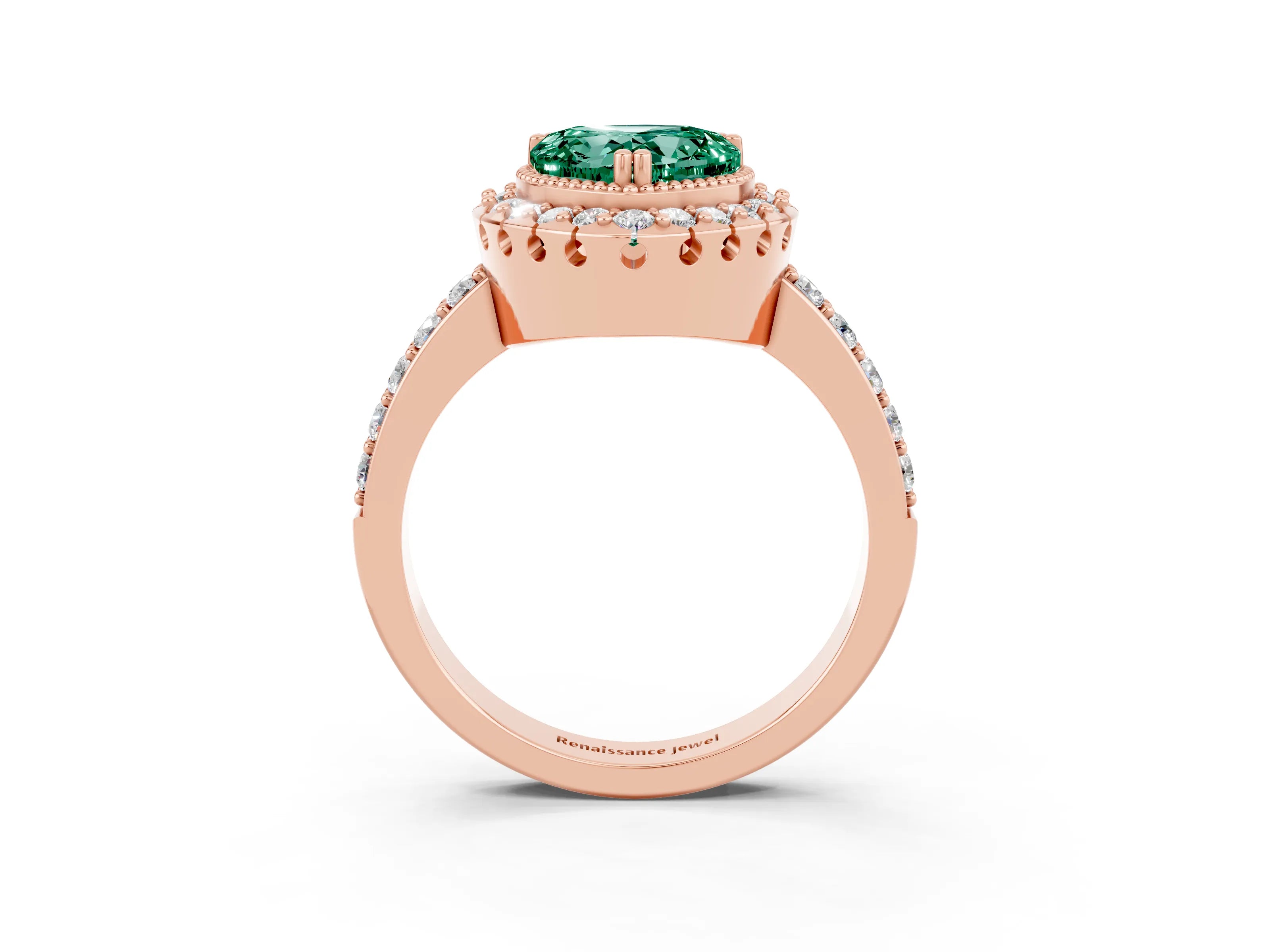 Rose gold Heart Cut Green Sapphire Halo Ring with Pavé Band and Prong Setting_3