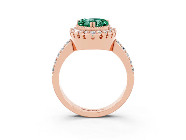 Rose gold Heart Cut Green Sapphire Halo Ring with Pavé Band and Prong Setting