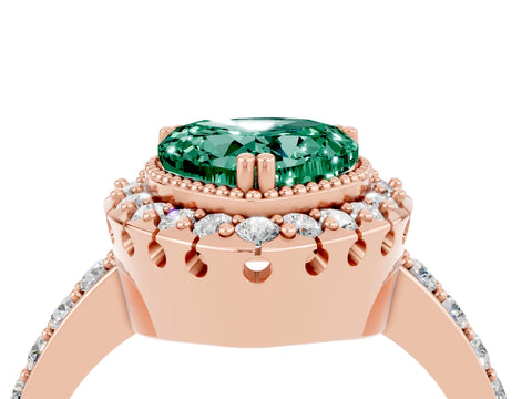Rose gold Heart Cut Green Sapphire Halo Ring with Pavé Band and Prong Setting_4