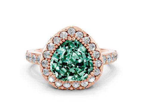 Rose gold Heart Cut Green Sapphire Halo Ring with Pavé Band and Prong Setting
