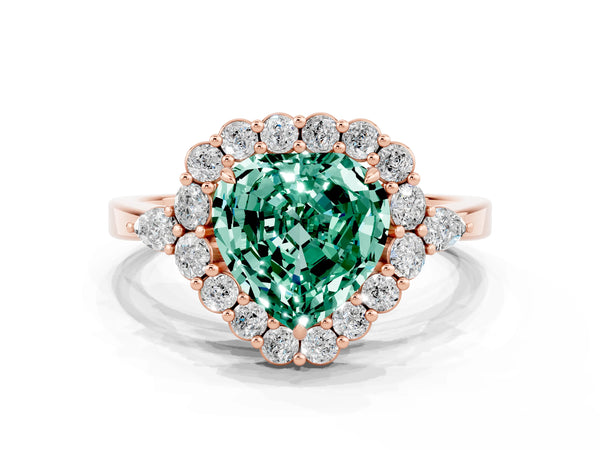 Rose gold Heart Cut Green Sapphire Halo Ring with Pear Side Stones and Prong Setting