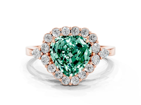 Rose gold Heart Cut Green Sapphire Halo Ring with Pear Side Stones and Prong Setting_12