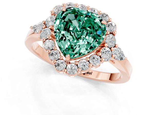 Rose gold Heart Cut Green Sapphire Halo Ring with Pear Side Stones and Prong Setting