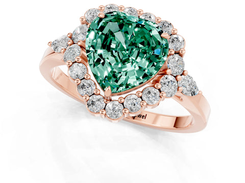 Rose gold Heart Cut Green Sapphire Halo Ring with Pear Side Stones and Prong Setting_13