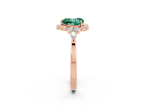 Rose gold Heart Cut Green Sapphire Halo Ring with Pear Side Stones and Prong Setting