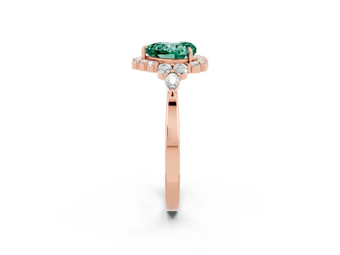 Rose gold Heart Cut Green Sapphire Halo Ring with Pear Side Stones and Prong Setting_14