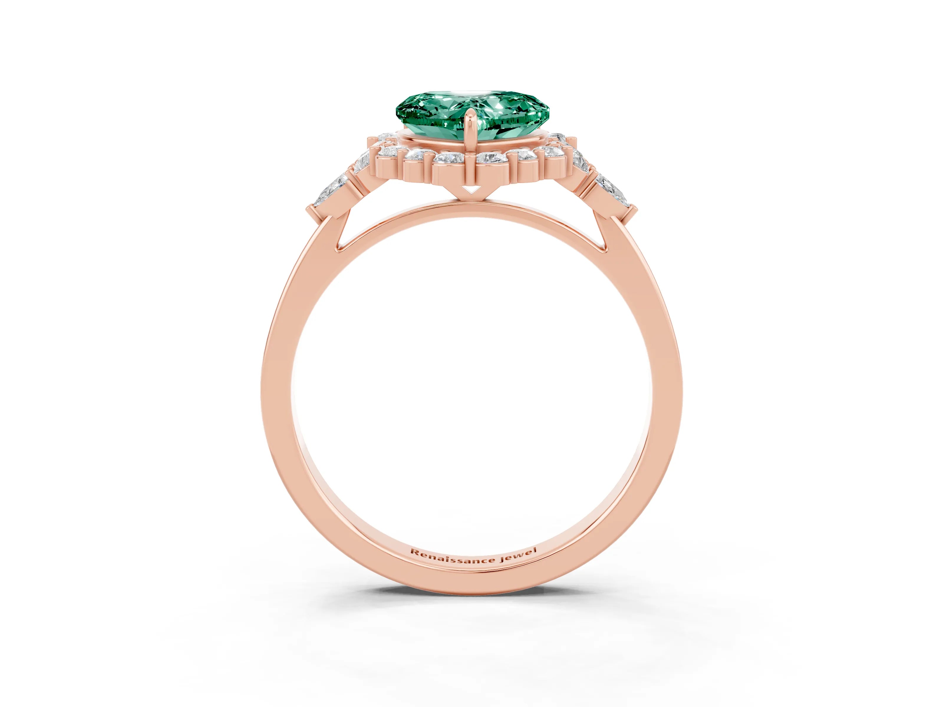 Rose gold Heart Cut Green Sapphire Halo Ring with Pear Side Stones and Prong Setting_15