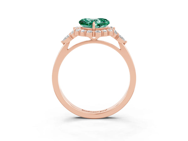 Rose gold Heart Cut Green Sapphire Halo Ring with Pear Side Stones and Prong Setting