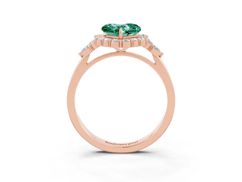 Rose gold Heart Cut Green Sapphire Halo Ring with Pear Side Stones and Prong Setting_15