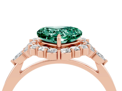 Rose gold Heart Cut Green Sapphire Halo Ring with Pear Side Stones and Prong Setting_16