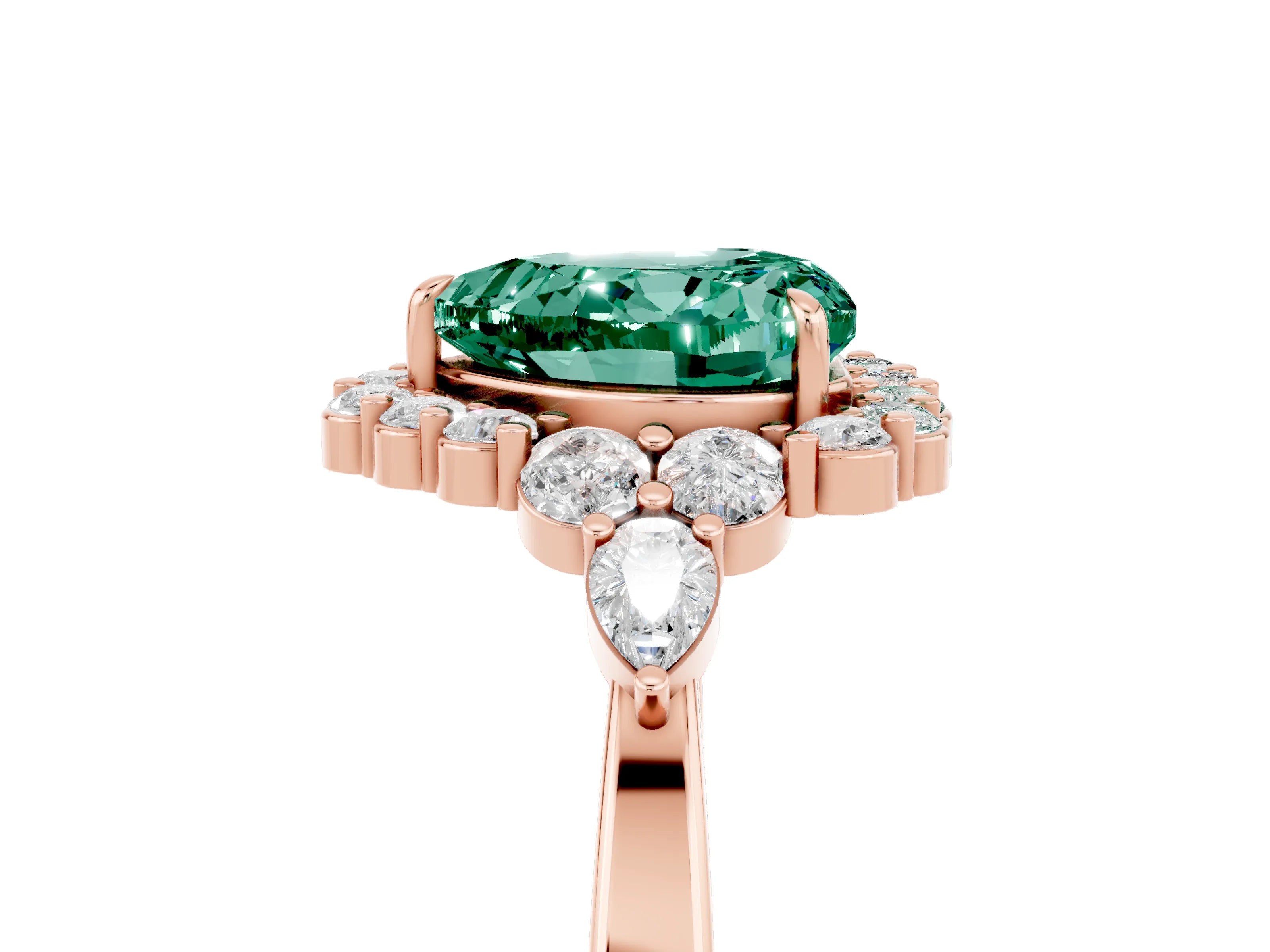 Rose gold Heart Cut Green Sapphire Halo Ring with Pear Side Stones and Prong Setting_17
