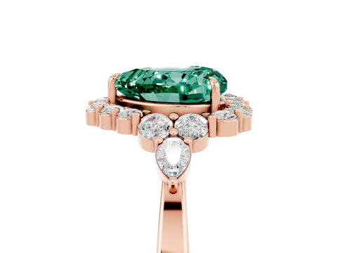 Rose gold Heart Cut Green Sapphire Halo Ring with Pear Side Stones and Prong Setting_17