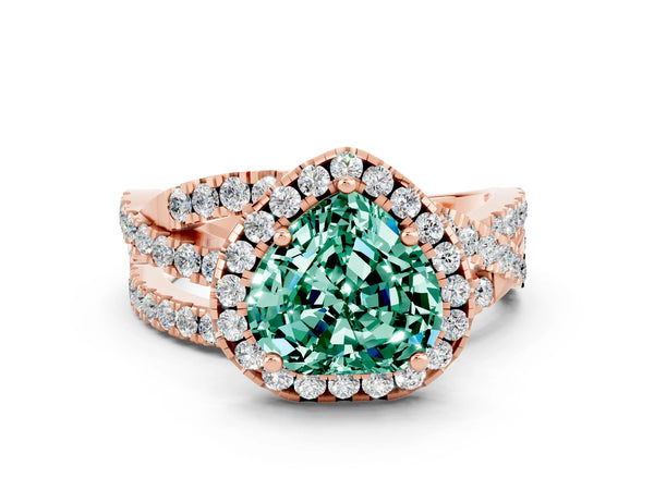 Rose gold Heart Cut Green Sapphire Halo Ring with Round Split Shank and Prong Setting