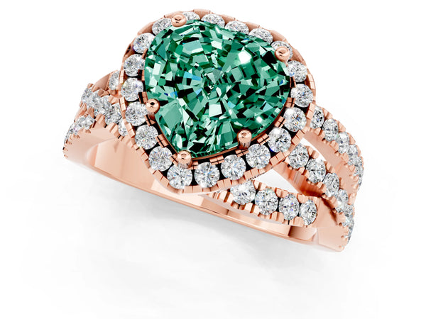 Rose gold Heart Cut Green Sapphire Halo Ring with Round Split Shank and Prong Setting