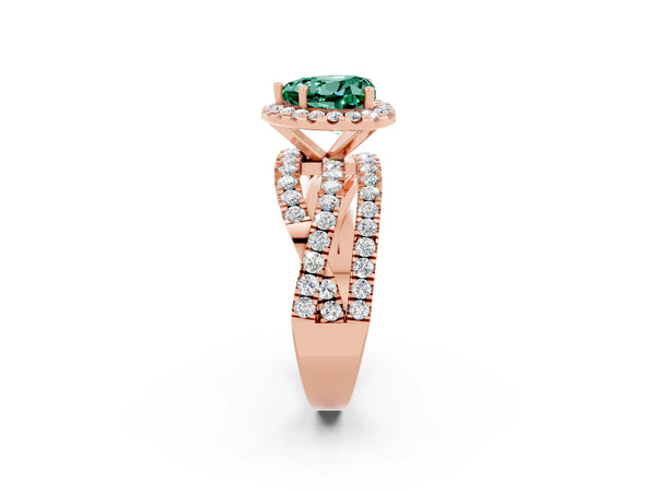 Rose gold Heart Cut Green Sapphire Halo Ring with Round Split Shank and Prong Setting