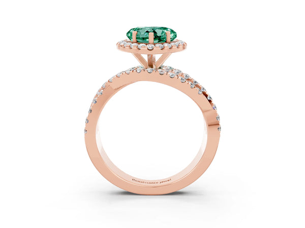 Rose gold Heart Cut Green Sapphire Halo Ring with Round Split Shank and Prong Setting