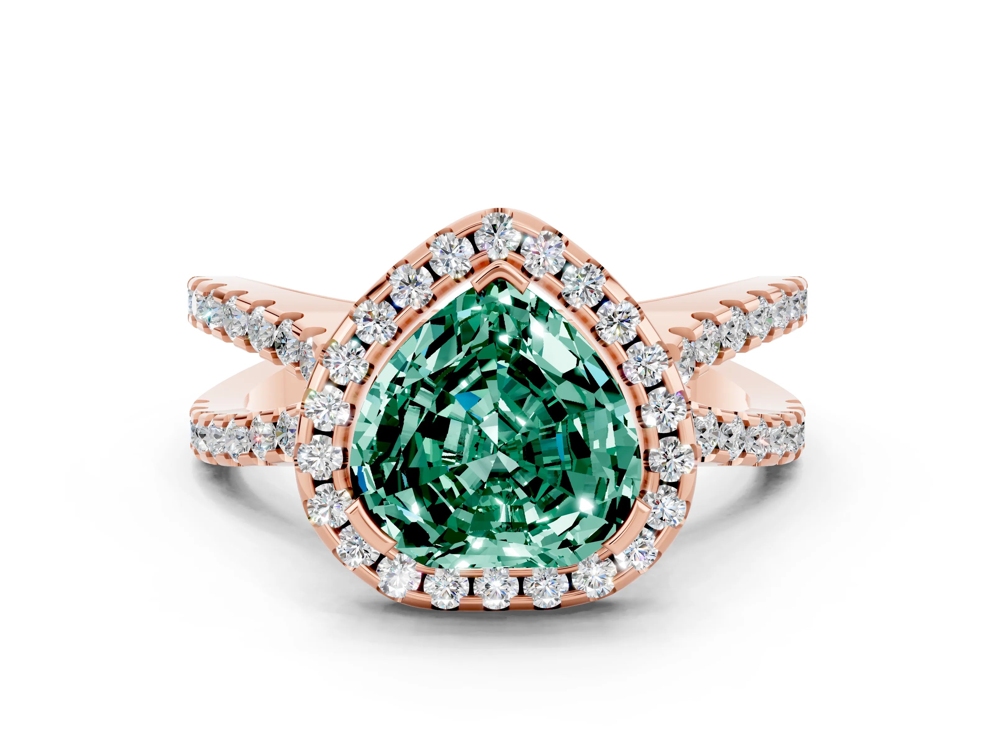 Rose gold Heart Cut Green Sapphire Halo Ring with Split Shank Pavé Band and Prong Setting