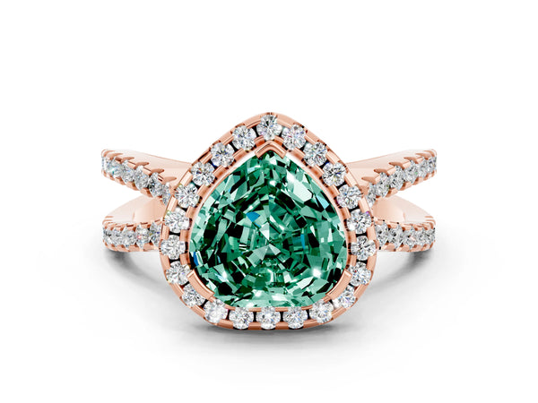 Rose gold Heart Cut Green Sapphire Halo Ring with Split Shank Pavé Band and Prong Setting