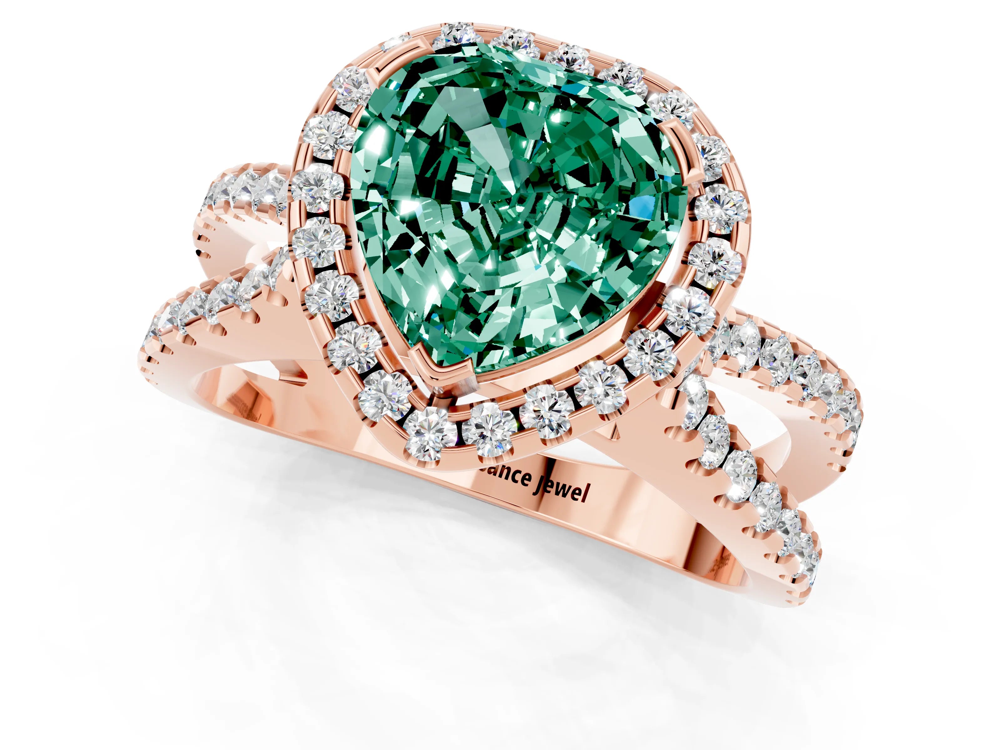 Rose gold Heart Cut Green Sapphire Halo Ring with Split Shank Pavé Band and Prong Setting_1