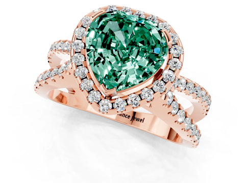 Rose gold Heart Cut Green Sapphire Halo Ring with Split Shank Pavé Band and Prong Setting_1
