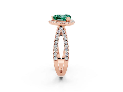Rose gold Heart Cut Green Sapphire Halo Ring with Split Shank Pavé Band and Prong Setting_2