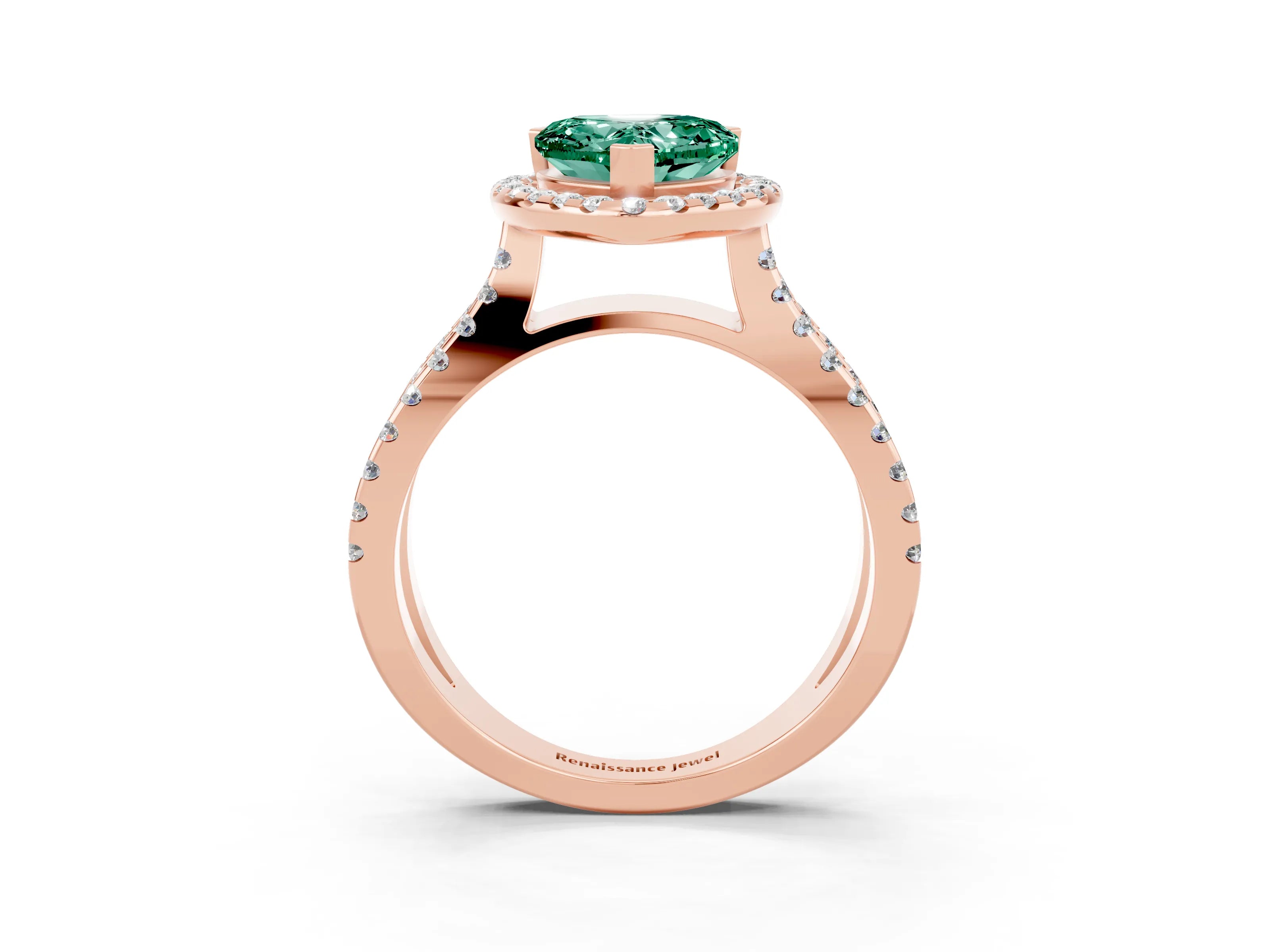 Rose gold Heart Cut Green Sapphire Halo Ring with Split Shank Pavé Band and Prong Setting_3