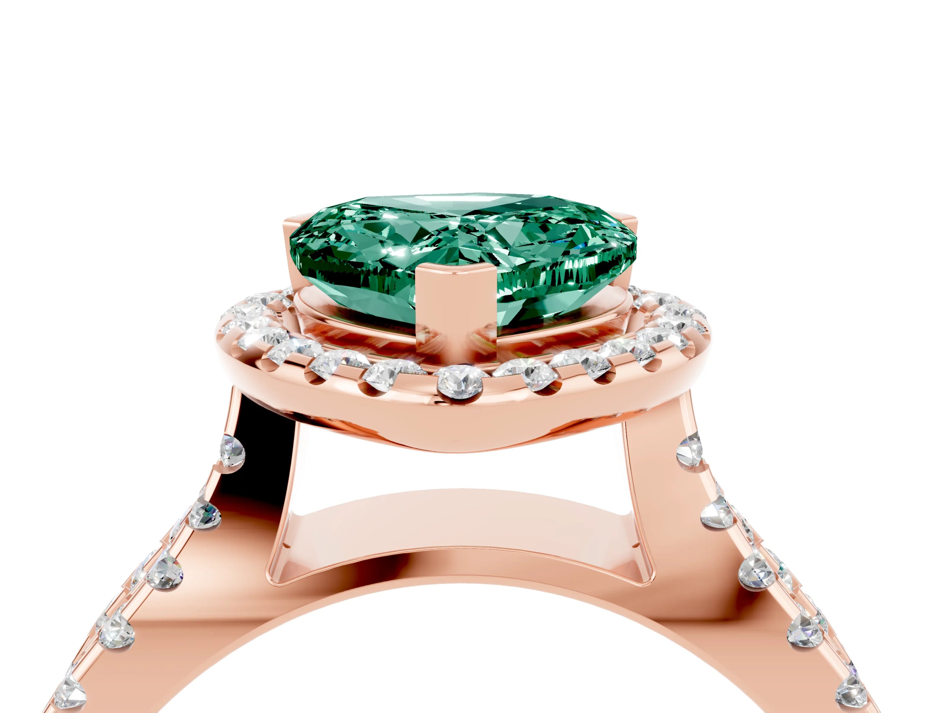 Rose gold Heart Cut Green Sapphire Halo Ring with Split Shank Pavé Band and Prong Setting_4