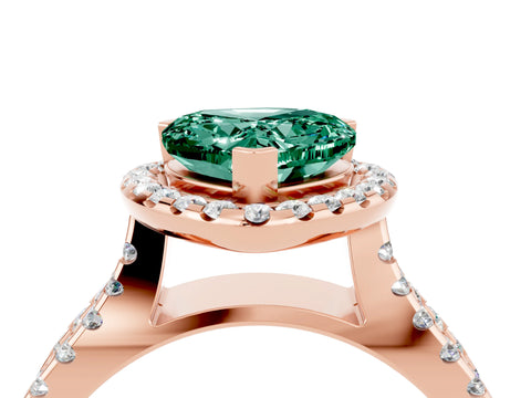 Rose gold Heart Cut Green Sapphire Halo Ring with Split Shank Pavé Band and Prong Setting_4