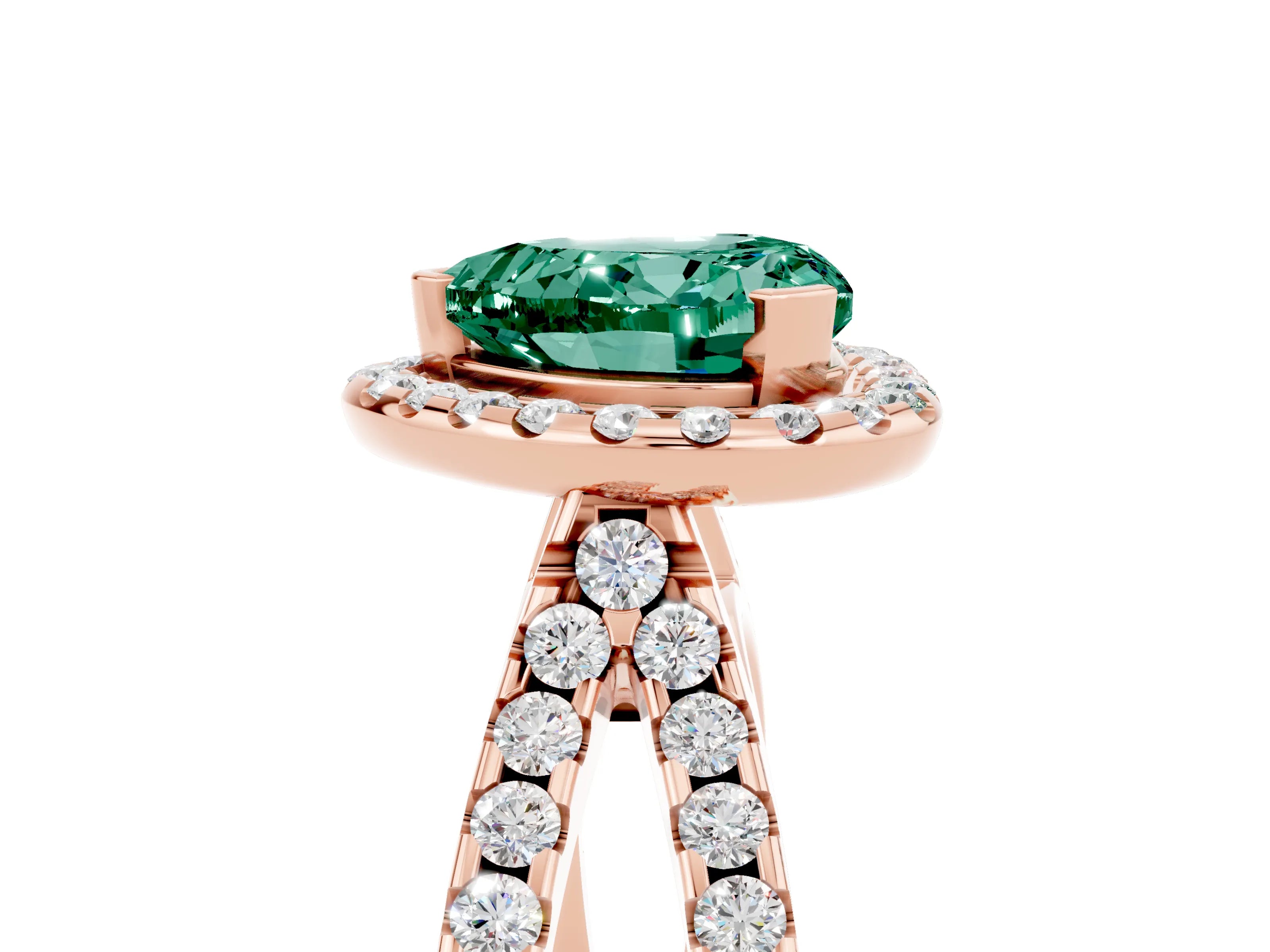 Rose gold Heart Cut Green Sapphire Halo Ring with Split Shank Pavé Band and Prong Setting_5