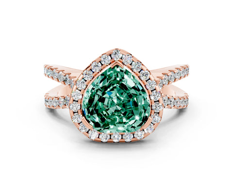 Rose gold Heart Cut Green Sapphire Halo Ring with Split Shank Pavé Band and Prong Setting
