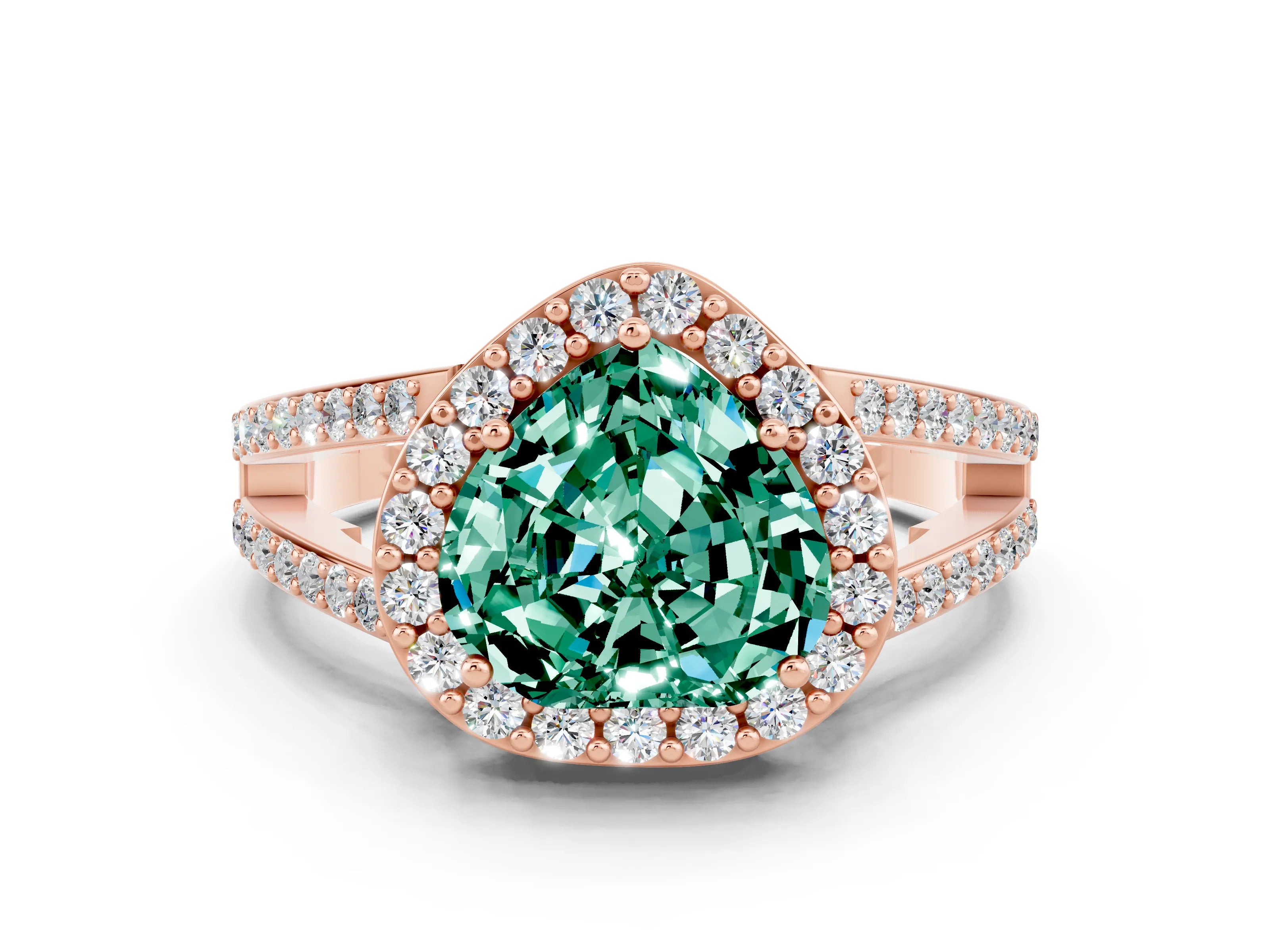 Rose gold Heart Cut Green Sapphire Halo Ring with Split Shank U-Prong Band and Four-Prong Setting
