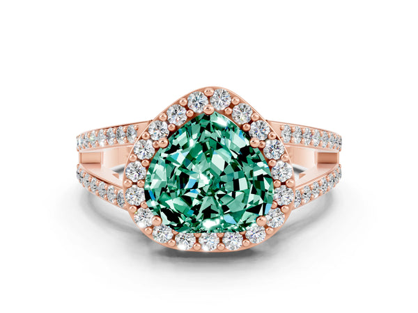 Rose gold Heart Cut Green Sapphire Halo Ring with Split Shank U-Prong Band and Four-Prong Setting