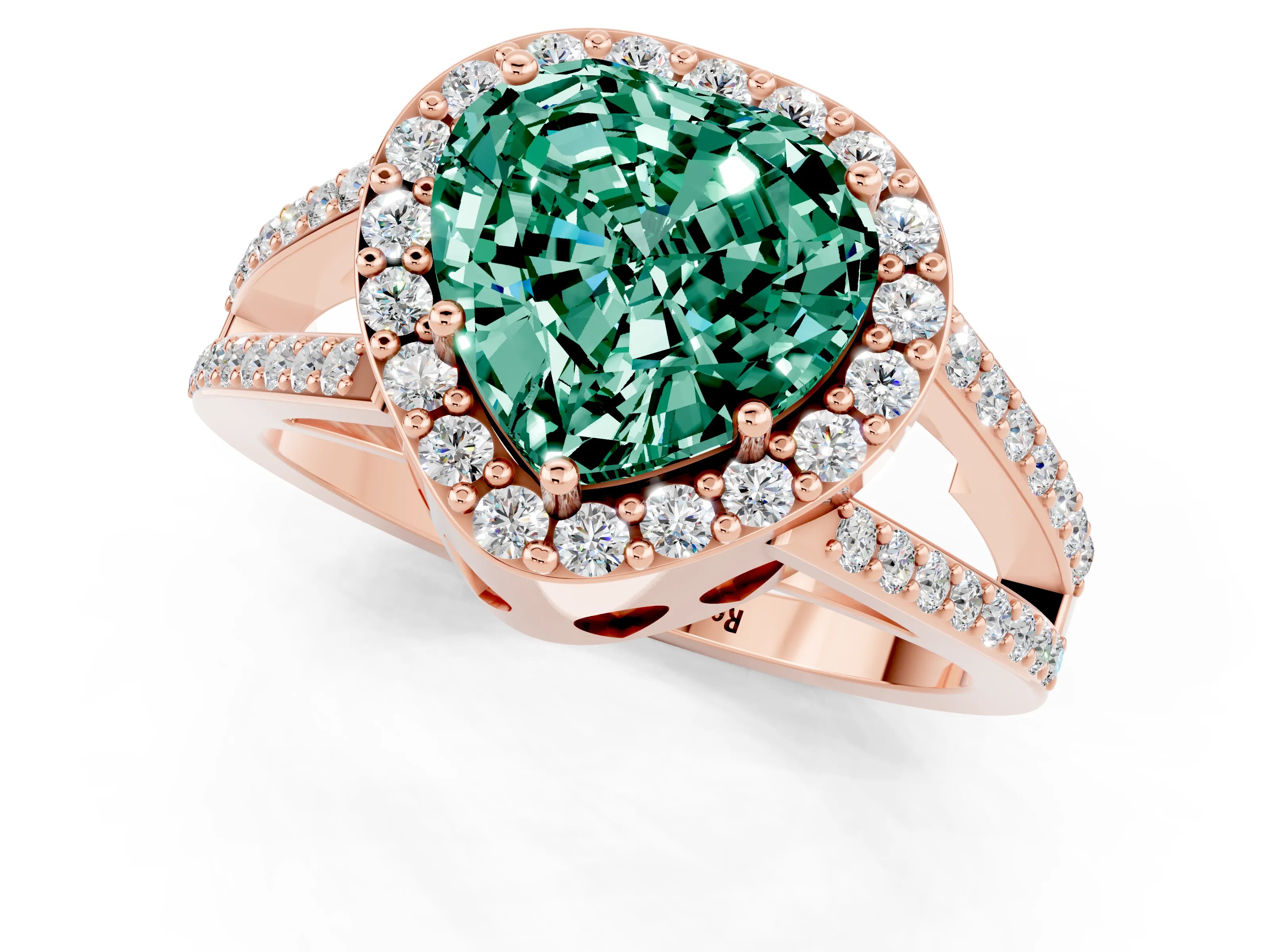 Rose gold Heart Cut Green Sapphire Halo Ring with Split Shank U-Prong Band and Four-Prong Setting_1