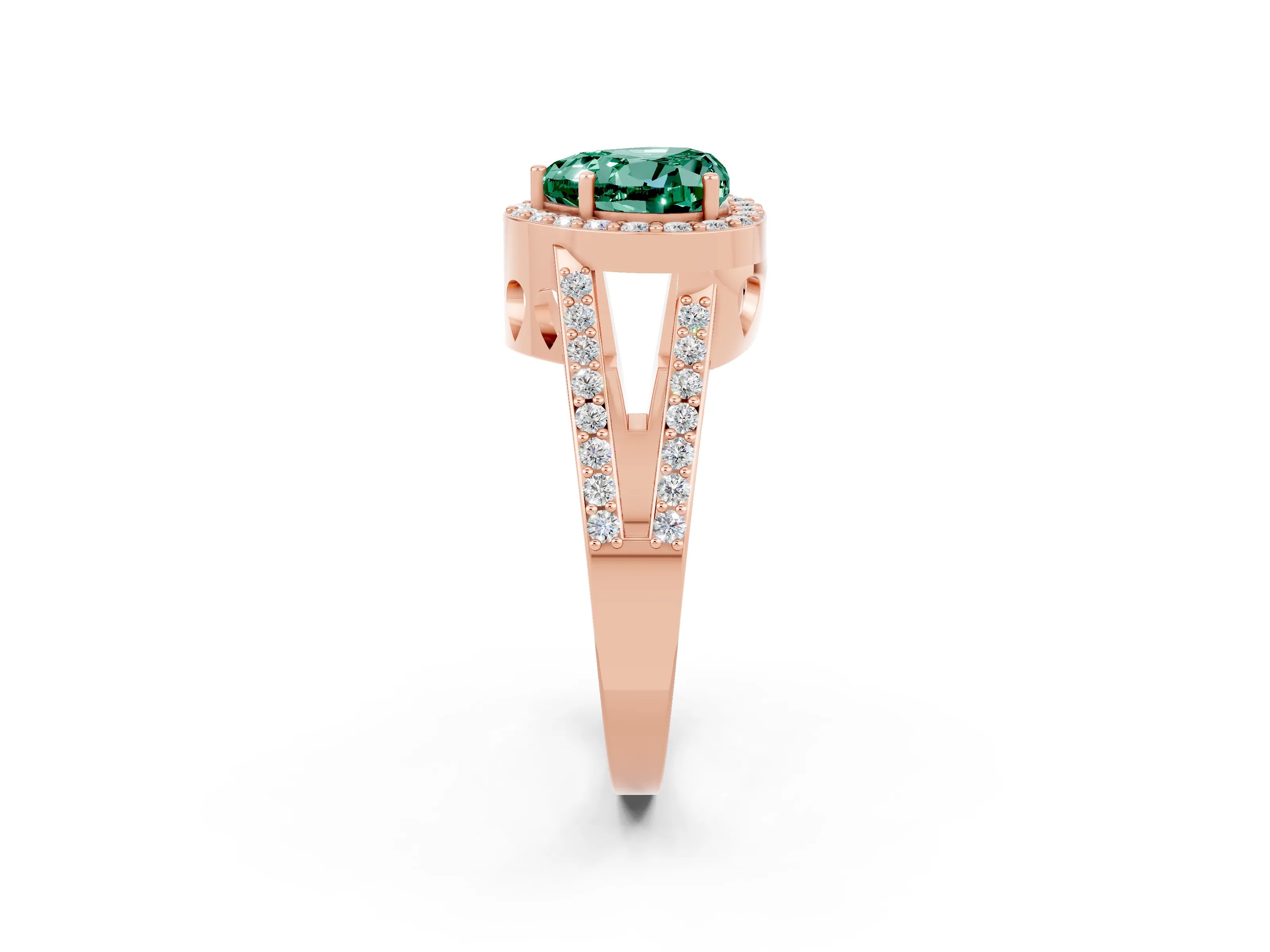Rose gold Heart Cut Green Sapphire Halo Ring with Split Shank U-Prong Band and Four-Prong Setting_2