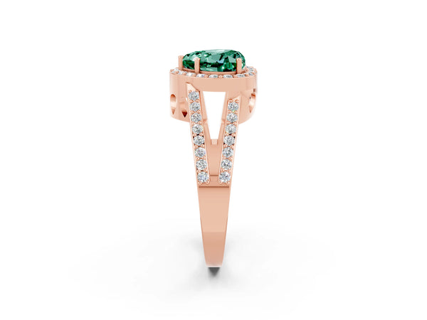 Rose gold Heart Cut Green Sapphire Halo Ring with Split Shank U-Prong Band and Four-Prong Setting