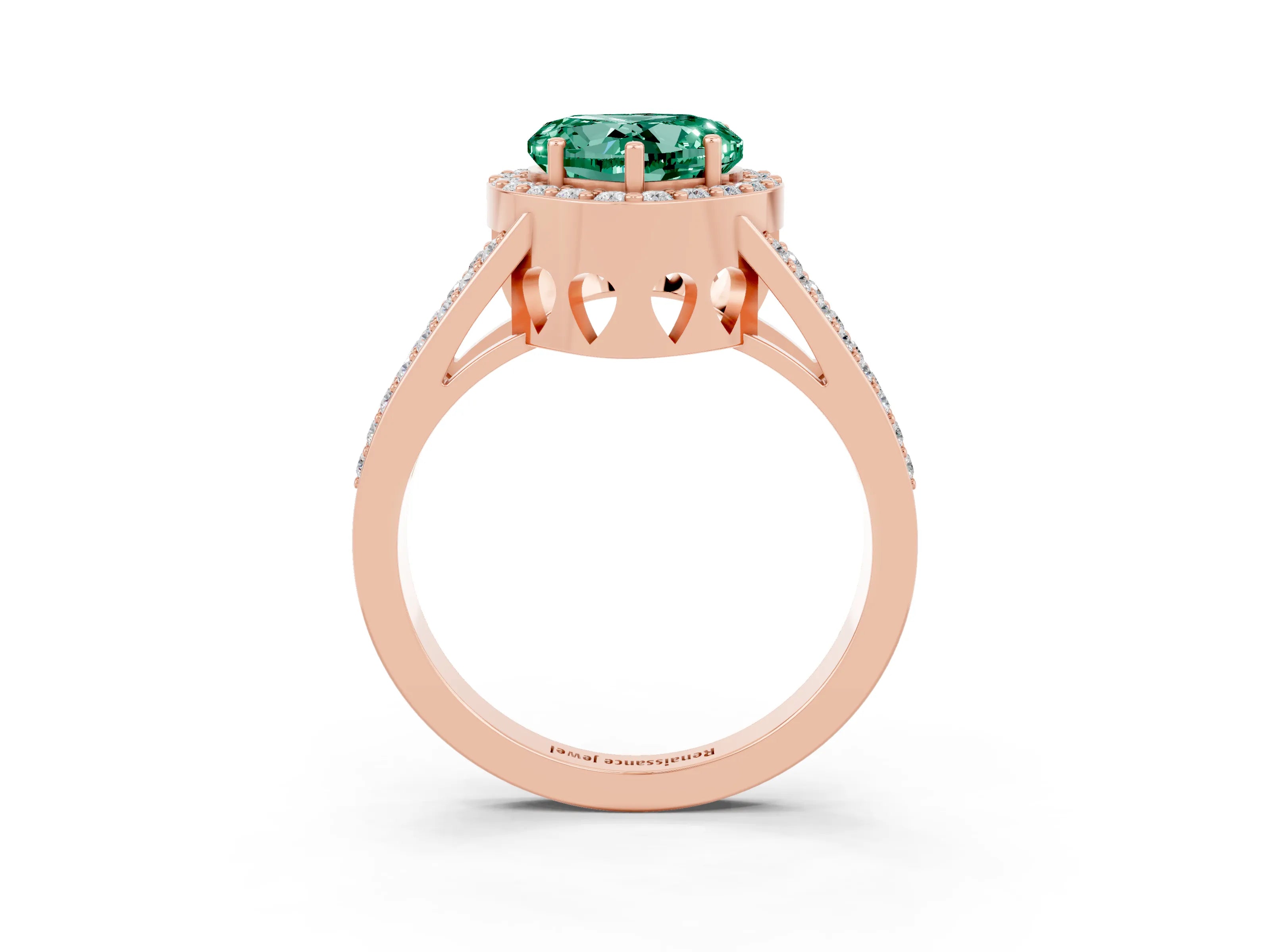 Rose gold Heart Cut Green Sapphire Halo Ring with Split Shank U-Prong Band and Four-Prong Setting_3
