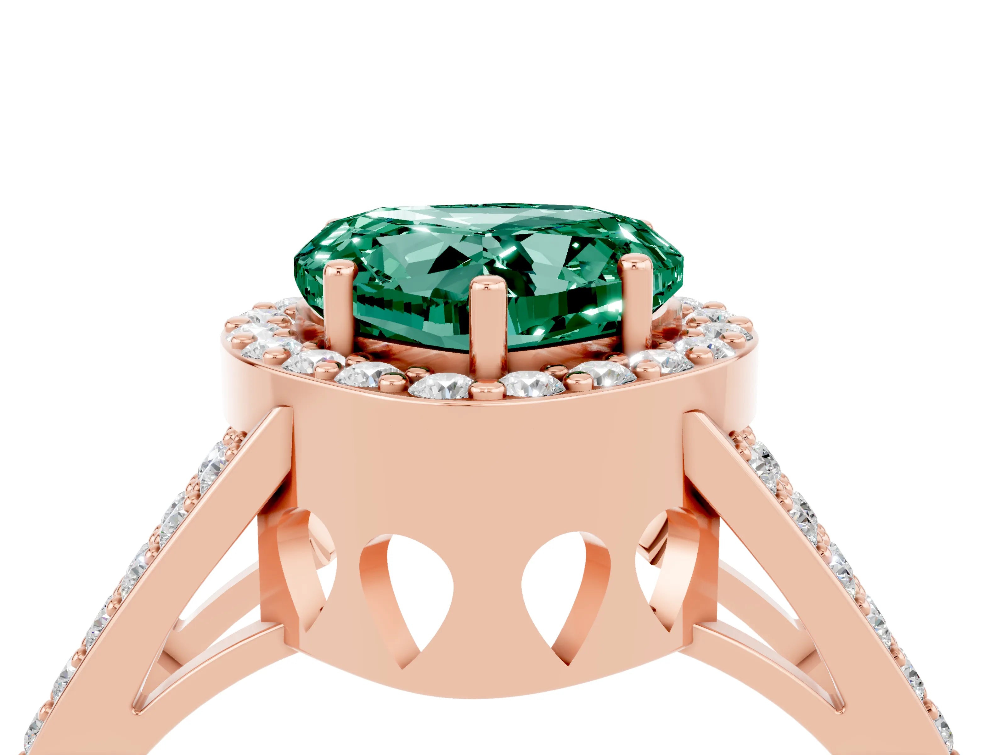 Rose gold Heart Cut Green Sapphire Halo Ring with Split Shank U-Prong Band and Four-Prong Setting_4