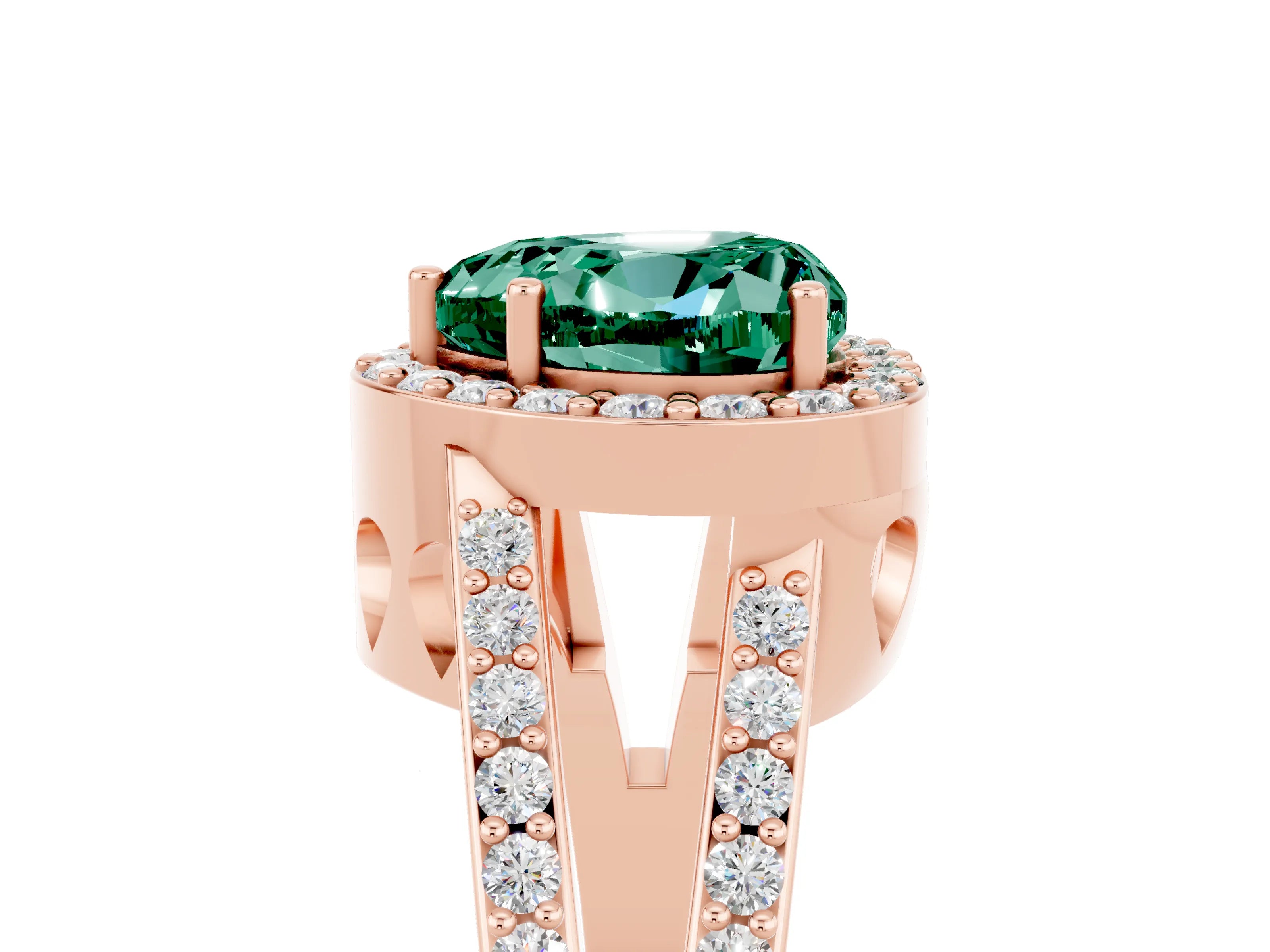 Rose gold Heart Cut Green Sapphire Halo Ring with Split Shank U-Prong Band and Four-Prong Setting_5