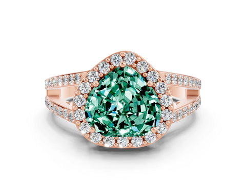 Rose gold Heart Cut Green Sapphire Halo Ring with Split Shank U-Prong Band and Four-Prong Setting