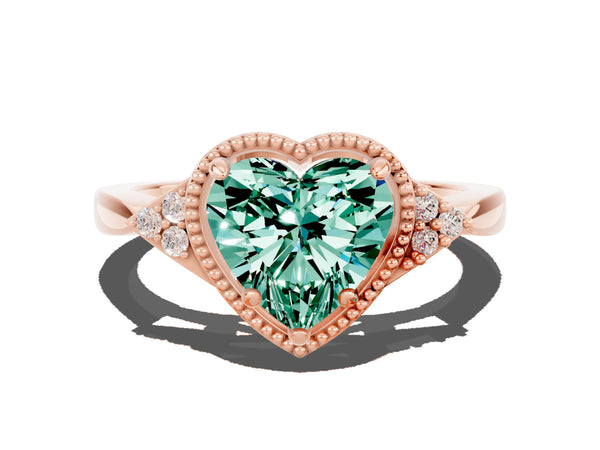 Rose gold Heart Cut Green Sapphire Halo Ring with Tapered Band and Four-Prong Setting