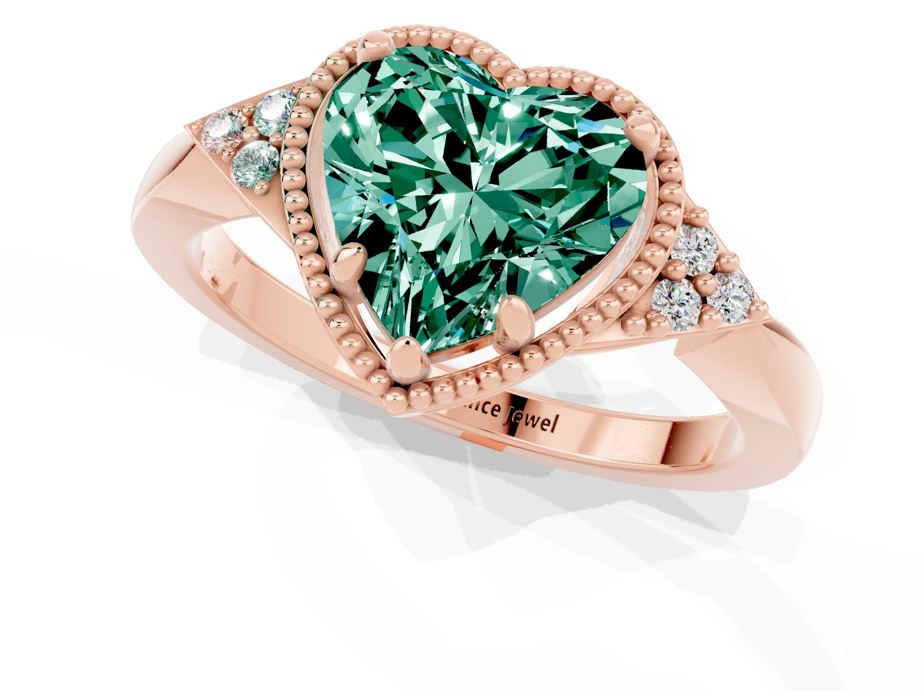 Rose gold Heart Cut Green Sapphire Halo Ring with Tapered Band and Four-Prong Setting_1
