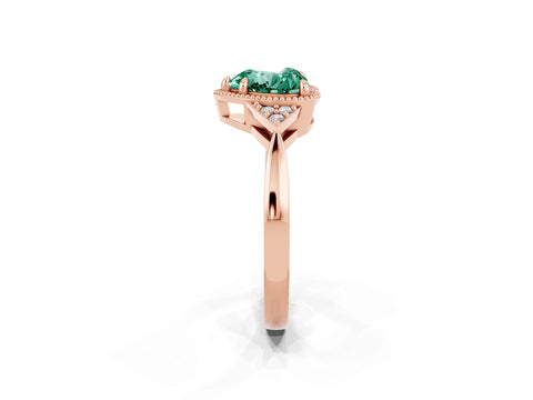 Rose gold Heart Cut Green Sapphire Halo Ring with Tapered Band and Four-Prong Setting_2